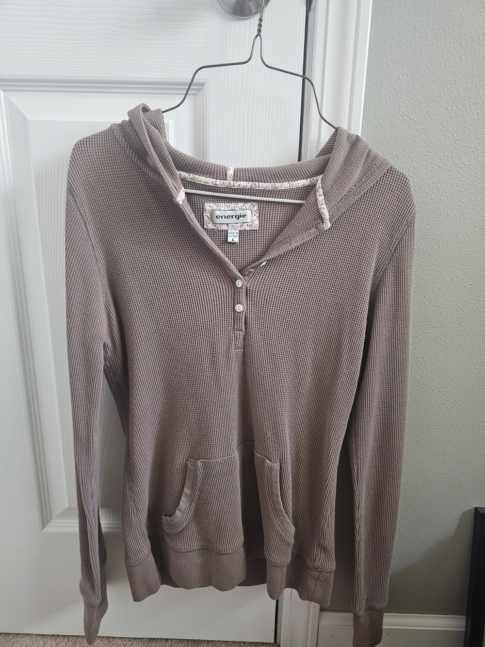 Energie Junior's Taupe Hooded Waffle-Knit Henley Pullover